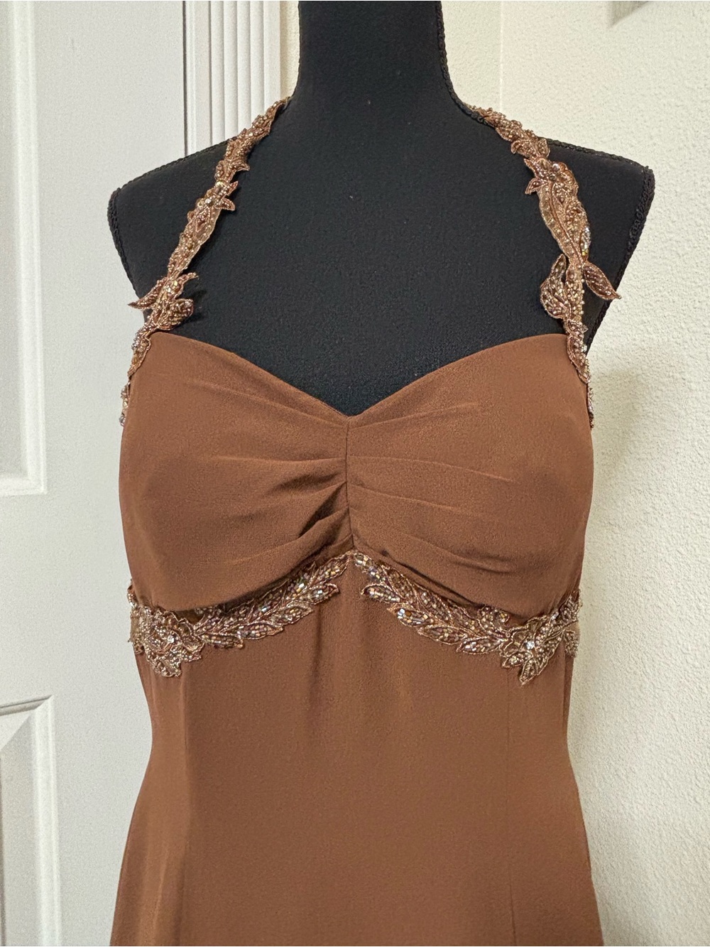 Brown Strapless Evening Dress with Beaded Embellishments